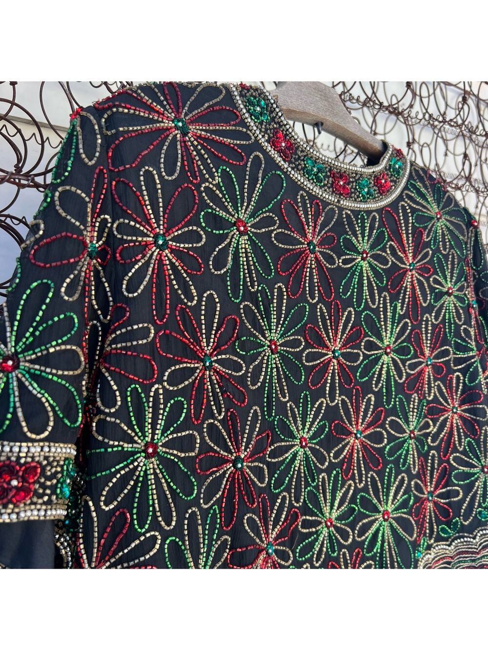 Vintage Laurence Kazar Christmas Daisy Red Gold Green Beaded Sequin Blouse 1X